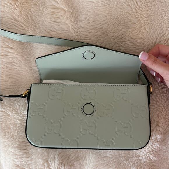 NWOT Authentic Gucci Green Calfskin Leather GG Super Mini crossbody purse  $1500 - Picture 12 of 16